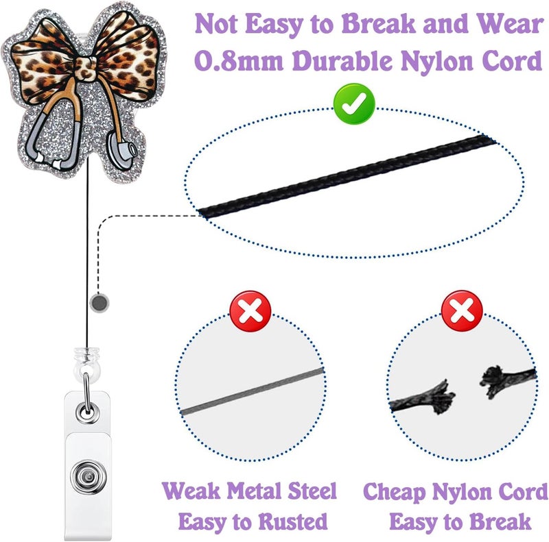 Bydevia Funny Stethoscope Leopard Bow Badge Reel Retractable for Nurse Nursing RN CNA LPN & Medical Assistant, Glitter Cheetah Print Bow ID Badge Holder with Alligator Clip & 24” Durable Nylon Cord | Acrylic - Image 4